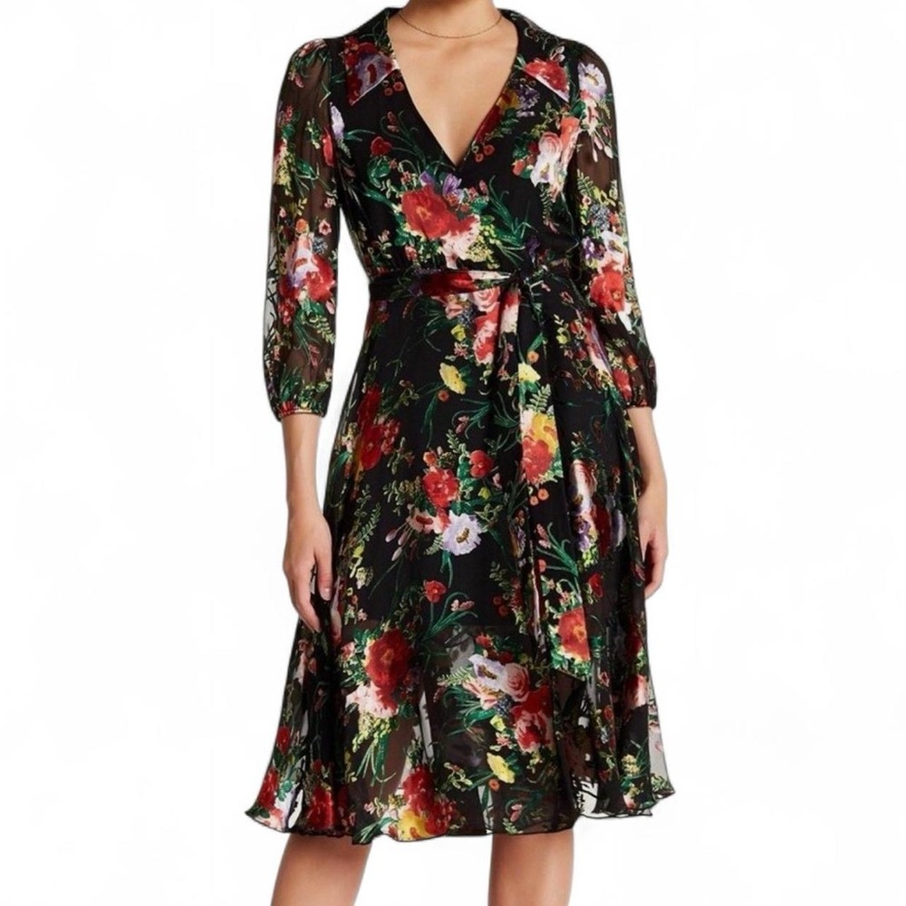 Alice + Olivia Black Floral Wrap Dress with Red, Green, Yellow Accents